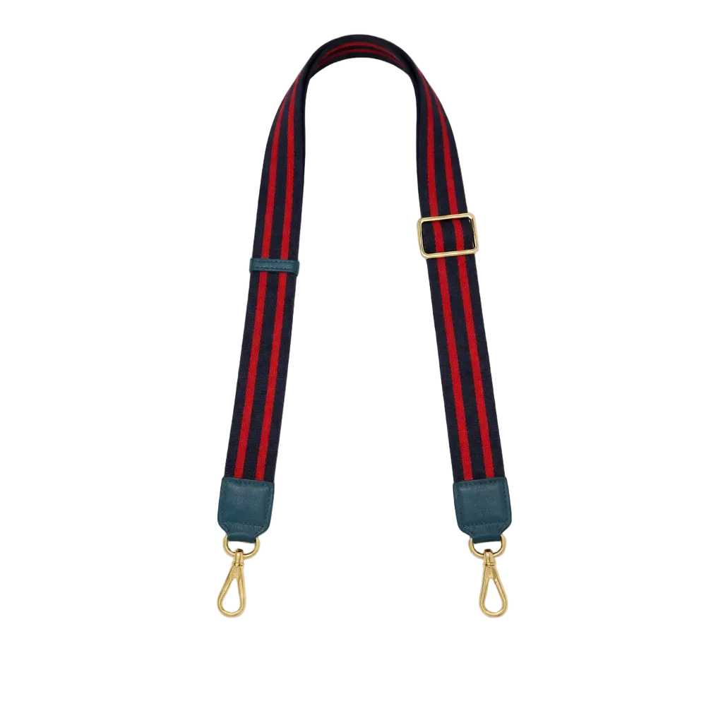 Navy and Red Striped bag strap with gold hardware 