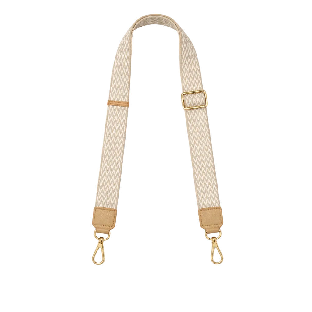 Beige woven bag strap with gold hardware 