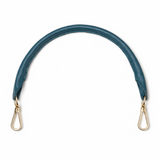 Teal leather strap with gold hooks on a white background