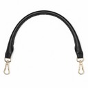 Black leather bag strap with gold hardware on a white background