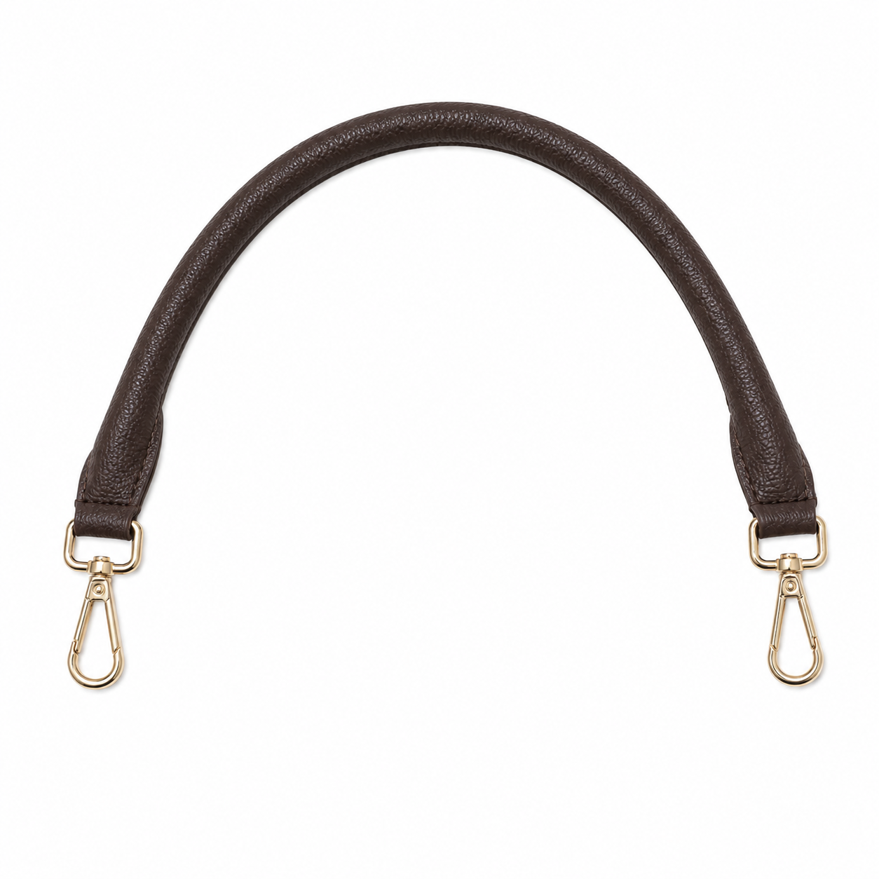 Brown leather bag strap with gold hardware on a white background